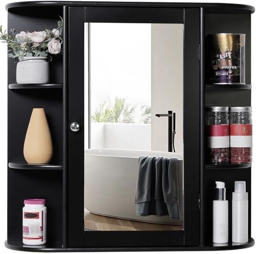 Mirrored Medicine Cabinet with 6 Open Shelves, Black