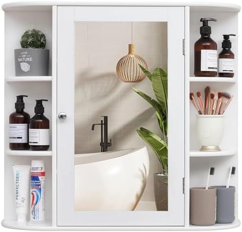 Mirrored Medicine Cabinet with 6 Open Shelves, White