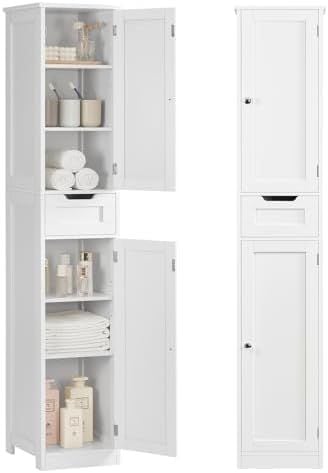 Slim Tall Bathroom Cabinet with Drawer, White