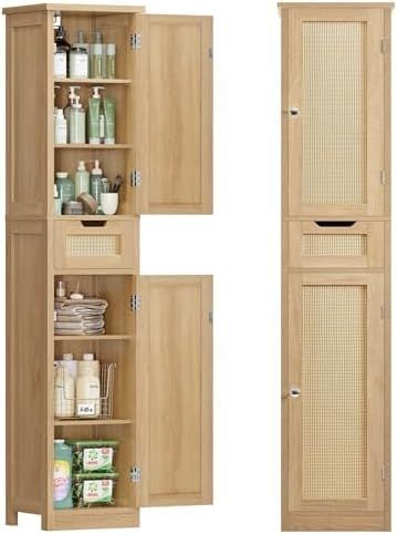 Slim Tall Rattan Cabinet with Drawer, Natural