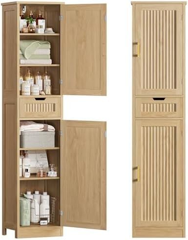 Tall Fluted Cabinet with Drawer, Natural Oak