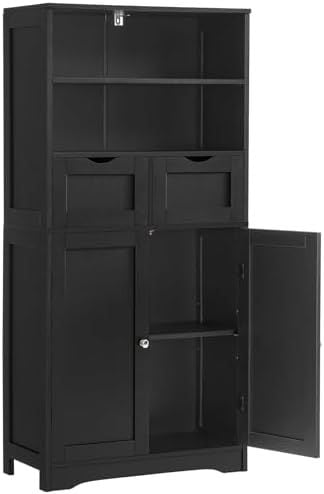 Tall Open-Shelf Bathroom Cabinet, Black