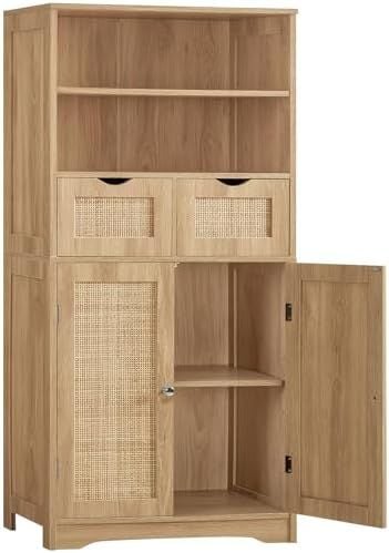 Tall Rattan Cabinet with 2 Drawers, Natural