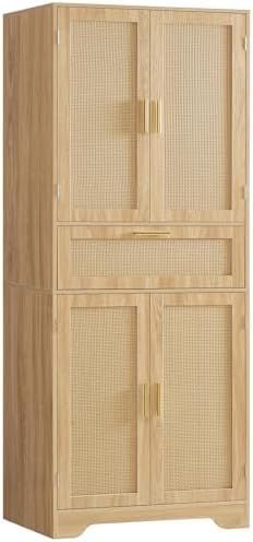 Tall Rattan Pantry Cabinet with 4 Doors, Natural